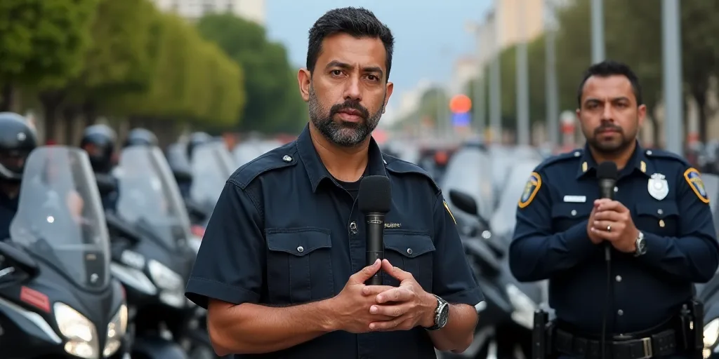 a man standing at a podium in front of police motorcycles and a police officer behind him with a mic
