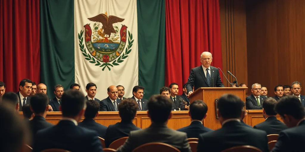 a man standing at a podium in front of a crowd of people in chairs and a banner behind him, Carlos F