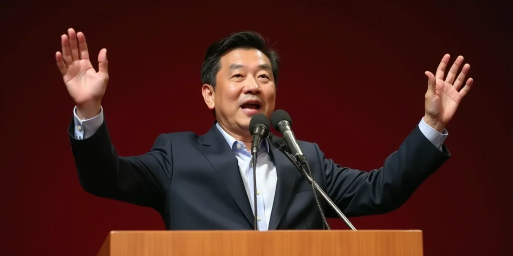a man standing at a podium with his hands up in the air and a microphone in front of him, Ding Guanp