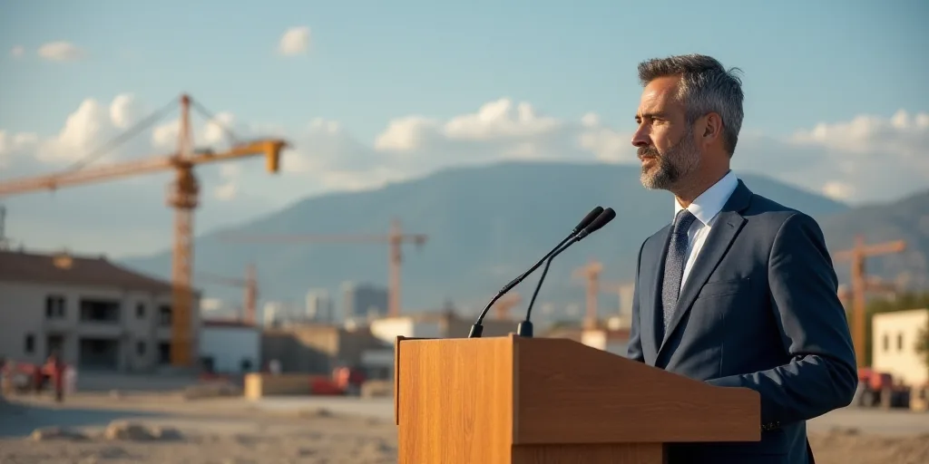 a man standing at a podium with a microphone in front of him and a construction site in the backgrou