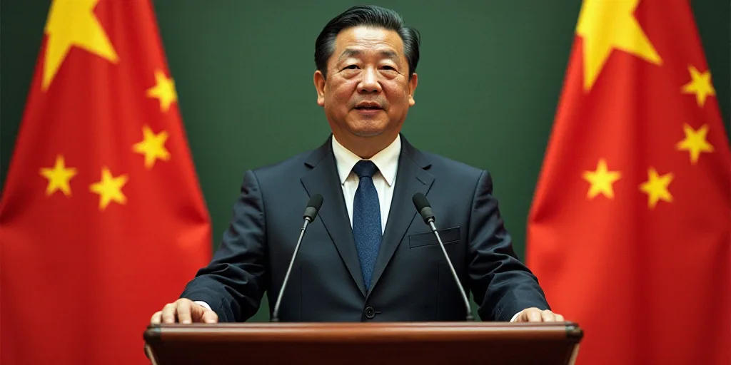 a man standing at a podium with a microphone in front of two flags and a microphone in front of him,