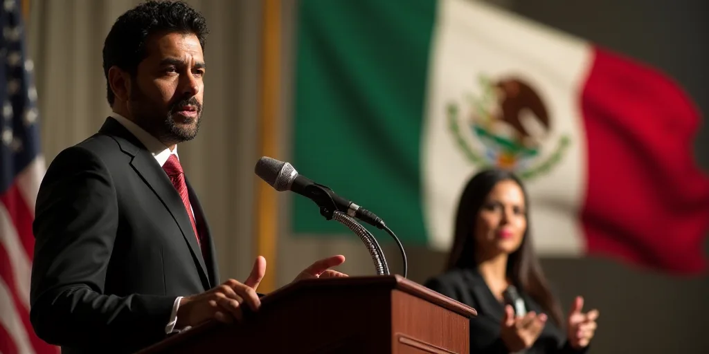 a man standing at a podium with a microphone in front of him and a woman behind him with a mexican f
