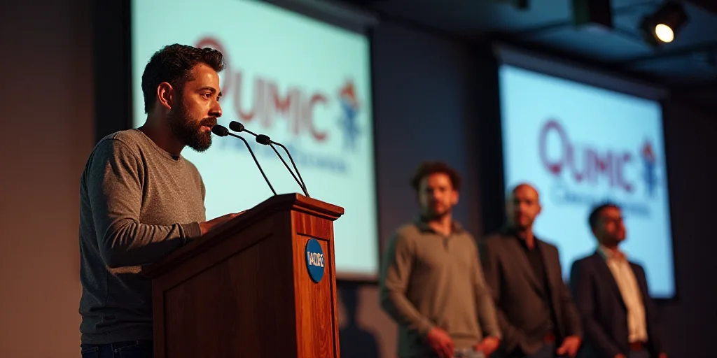 a man standing at a podium with a microphone in his hand and a microphone in his other hand, with a