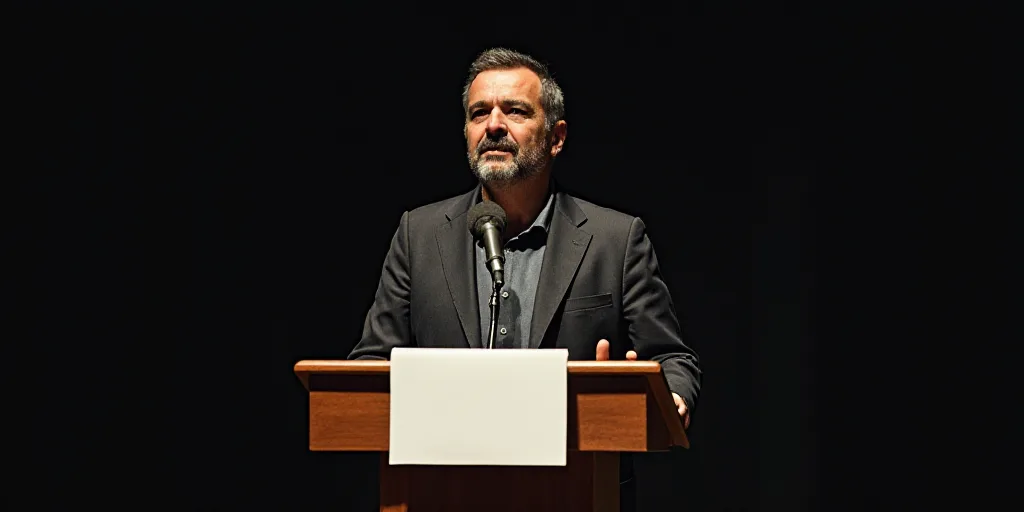 a man standing at a podium with a sign in front of him and a microphone in front of him, Dahlov Ipca