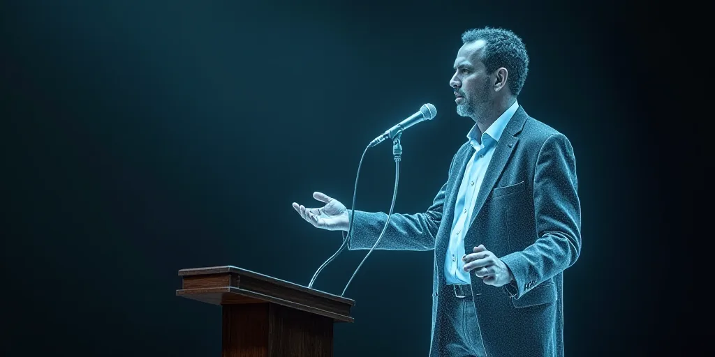 a man standing at a podium with a microphone in his hand and a microphone in his mouth to his mouth,