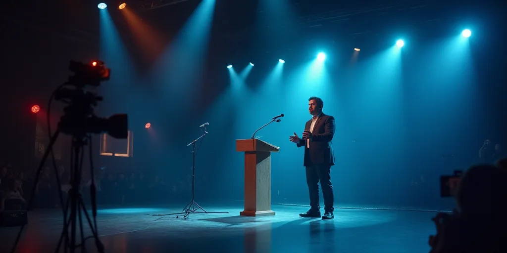 a man standing at a podium with a microphone in front of him and a camera behind him and a microphon