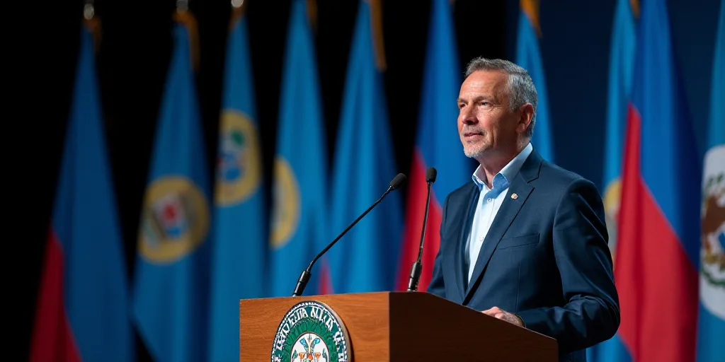 a man standing at a podium with a microphone in front of him and flags behind him in the background,