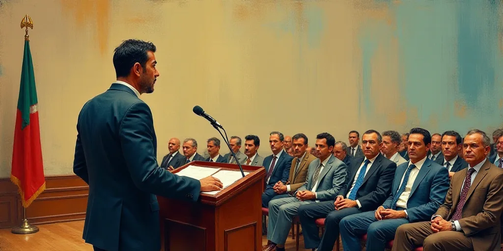 a man standing at a podium with a microphone in front of him and people sitting in chairs behind him