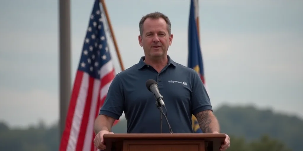 a man standing at a podium with a microphone in front of a flag and a flag pole in the background, B