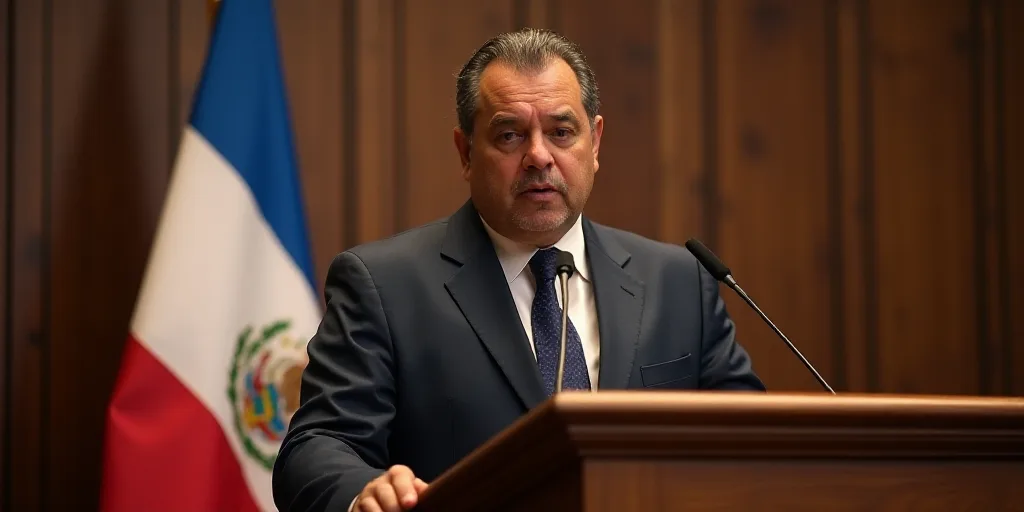 a man standing at a podium with a flag behind him and a microphone in front of him and a flag behind