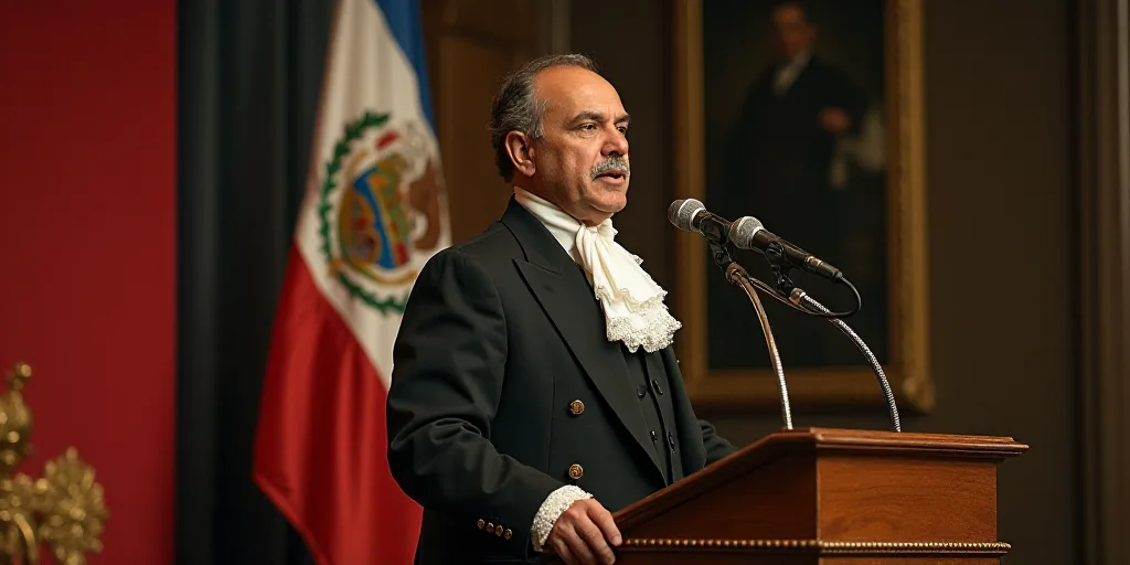 a man standing at a podium with a microphone in front of him and a flag behind him and a banner behi