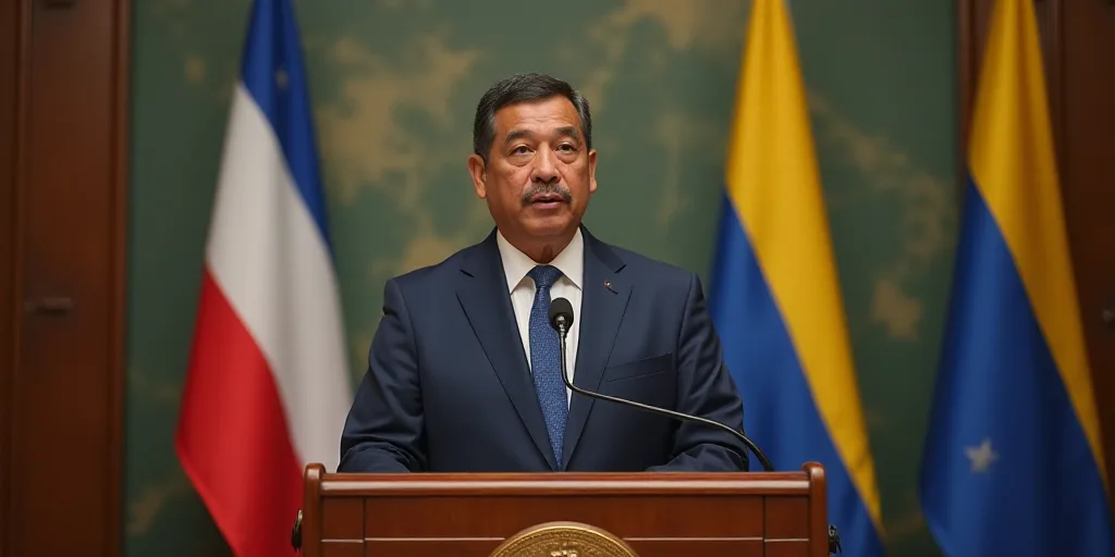 a man standing at a podium with a microphone in front of him and a flag behind him and a sign behind