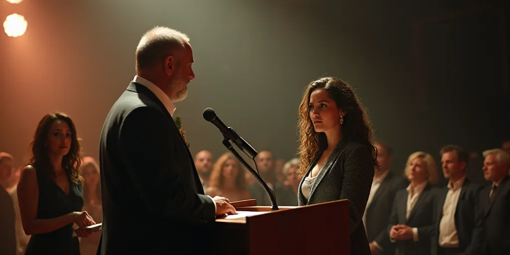 a man standing at a podium with a woman standing behind him and a man standing behind him holding a