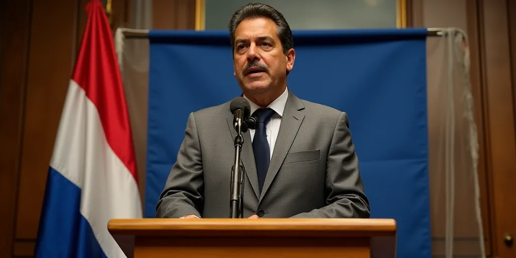 a man standing at a podium with a microphone in front of him and a flag behind him and a banner behi
