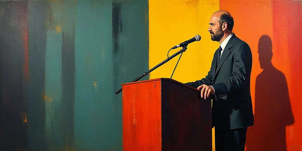 a man standing at a podium with a microphone in front of him and a microphone in front of him, Beta