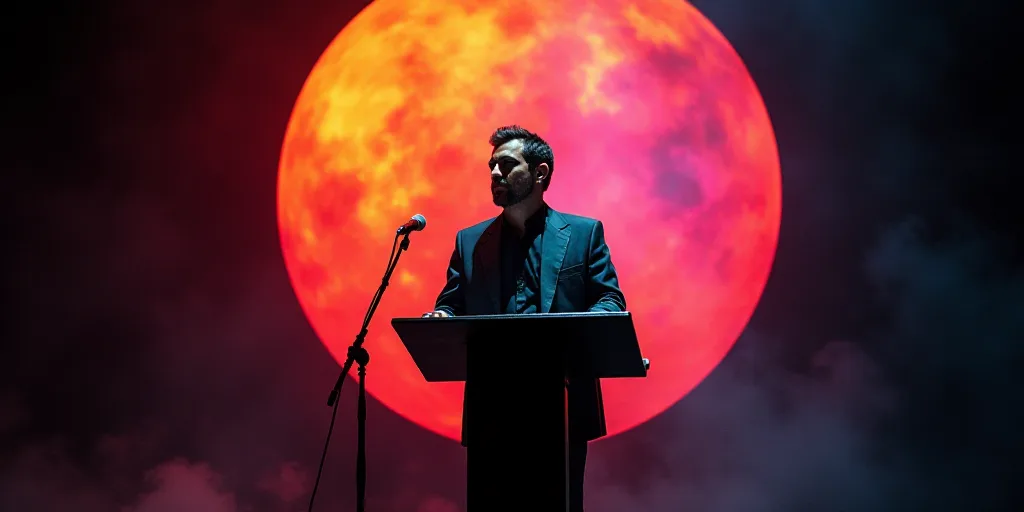a man standing at a podium with a microphone in front of him and a colorful circle behind him on a s