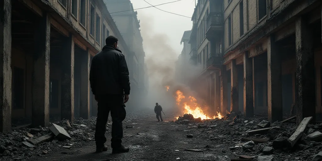 a man standing in a burned out building looking at the debris on the ground and a fireman in a black