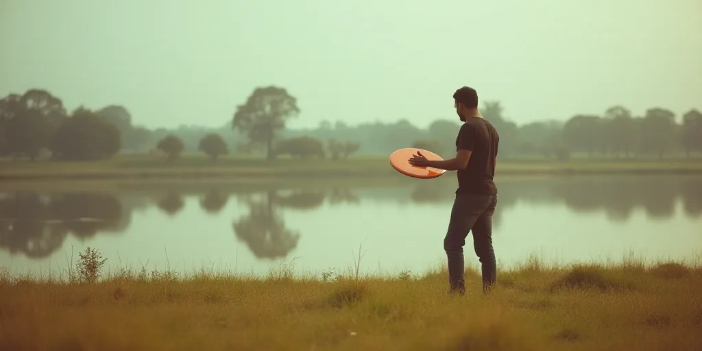 a man standing in a field next to a body of water holding a frisbee in his hand, Bhupen Khakhar, wid