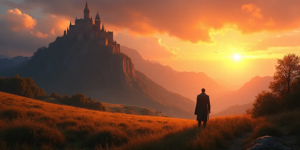 a man standing in a field next to a mountain with a castle on it at sunset in the background, Cedric