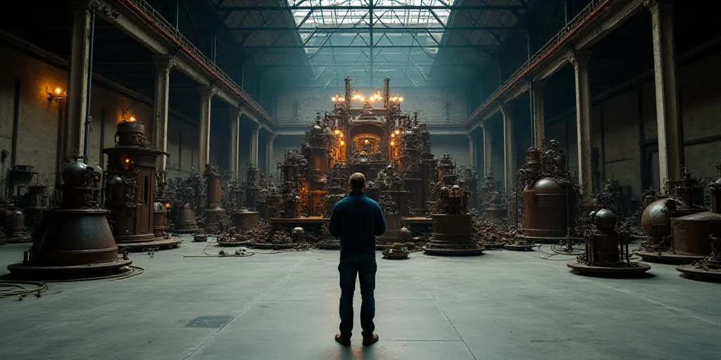 a man standing in a large room with lots of metal equipment in it's center area and lights on the ce