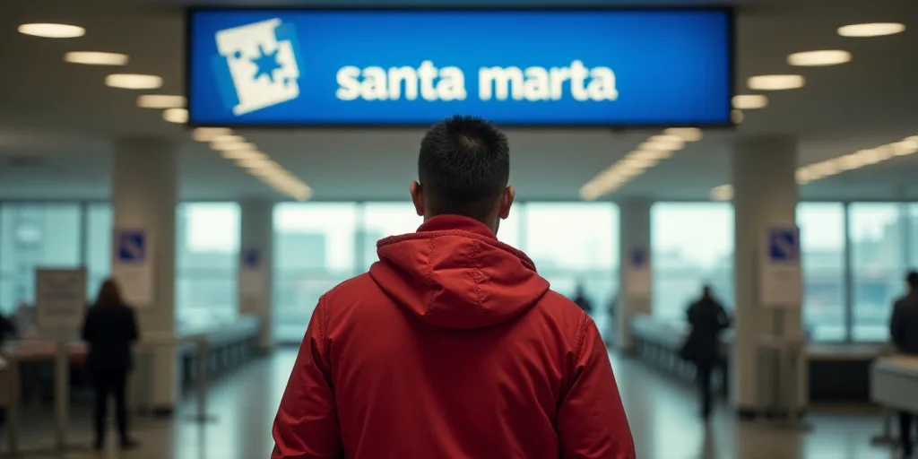 a man standing in a terminal with a red jacket on and a blue sign above him that says santa marta, C