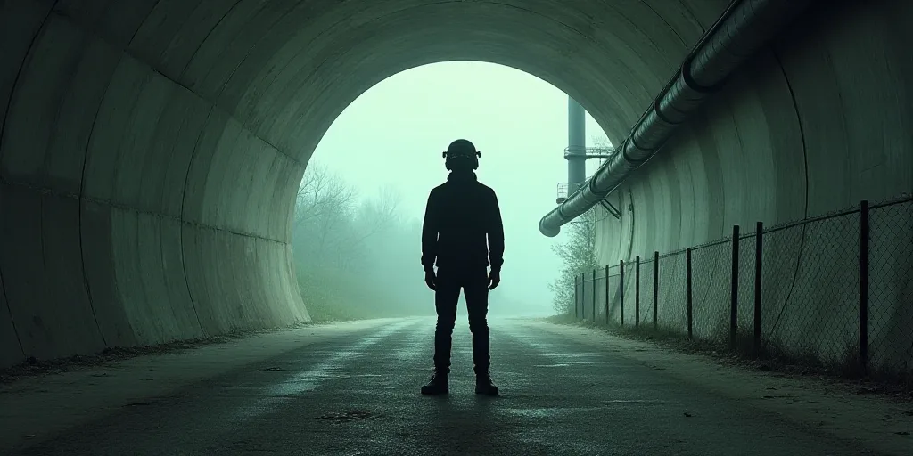 a man standing in a tunnel with a helmet on and a pipe in the background and a wire fence in the for