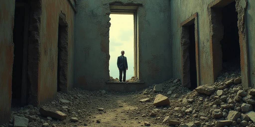 a man standing in a window of a building that has been destroyed down and is surrounded by debris an