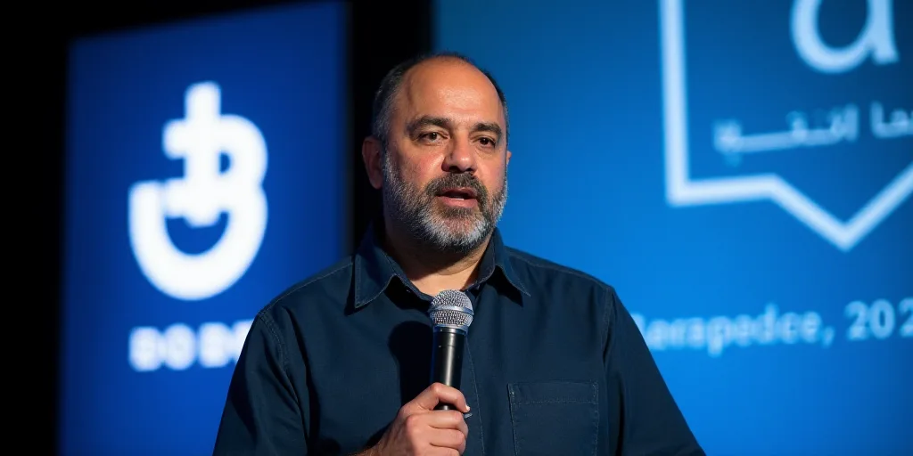 a man standing in front of a blue sign with a logo on it's side and a microphone in his hand, Arthur