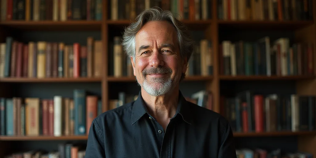 a man standing in front of a book shelf filled with books and bookshelves with a smile on his face,