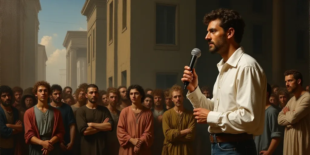 a man standing in front of a crowd of people with a microphone in his hand and a man in a white shir