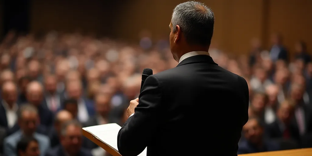 a man standing in front of a crowd of people at a conference hall with a microphone in his hand, Fed