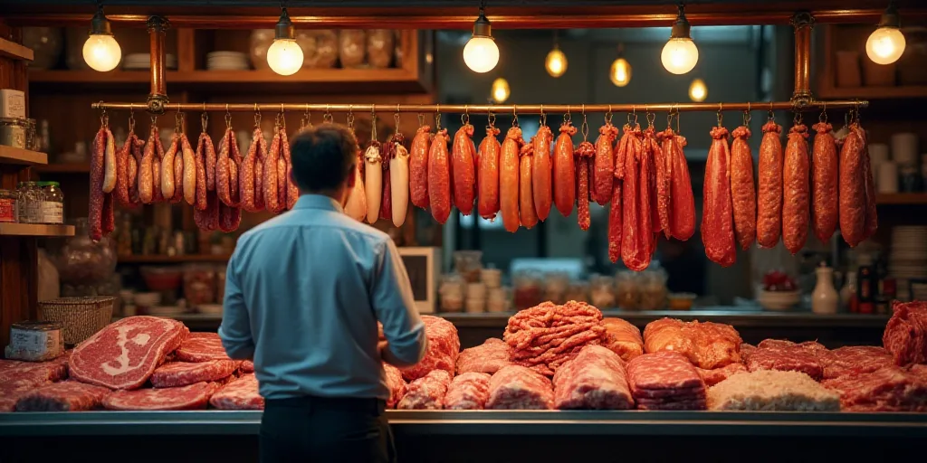 a man standing in front of a counter filled with meats and sausages in a store with a light hanging