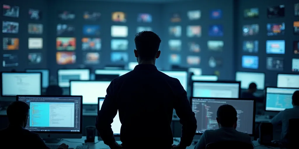 a man standing in front of a computer monitor in a room filled with monitors and monitors on the wal