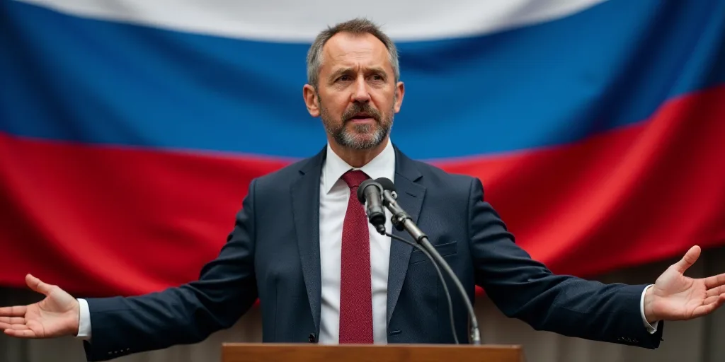 a man standing in front of a flag and a microphone in front of him with his hands out to the side, A