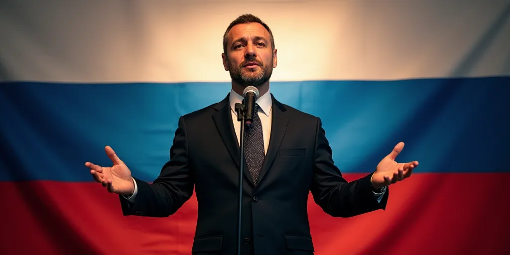 a man standing in front of a flag and a microphone in front of him with his hands out to the side, A