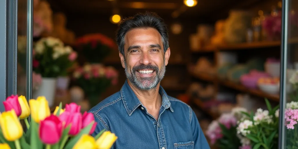 a man standing in front of a flower shop with flowers in the background and a bunch of flowers in th