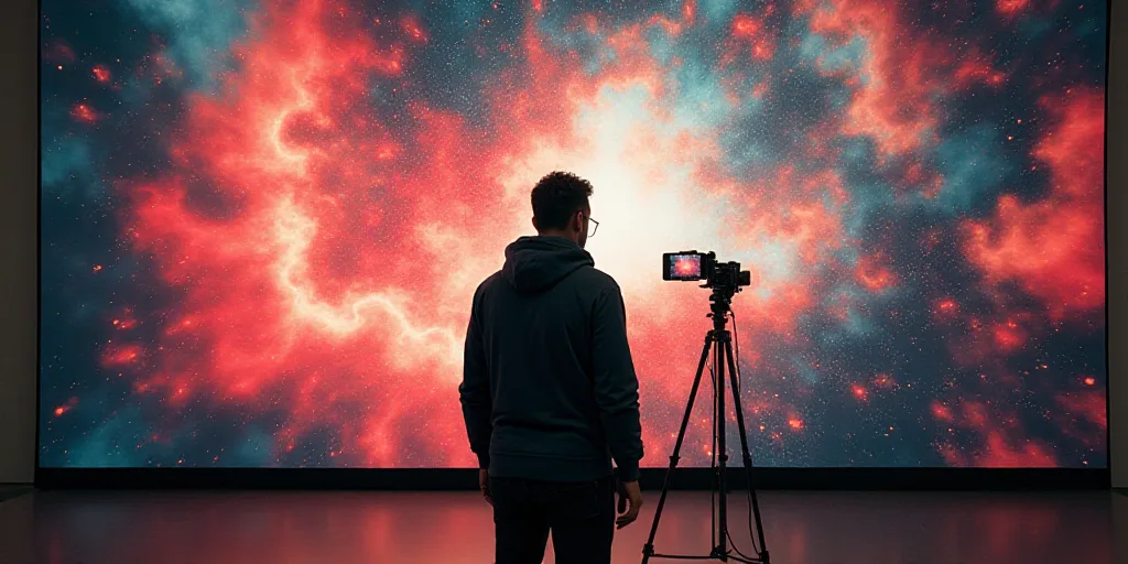 a man standing in front of a large poster with a camera and a phone on it's side, Ángel Botello, 8