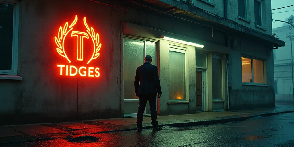 a man standing in front of a logo for a company that sells tidges on the wall of a building, Charles