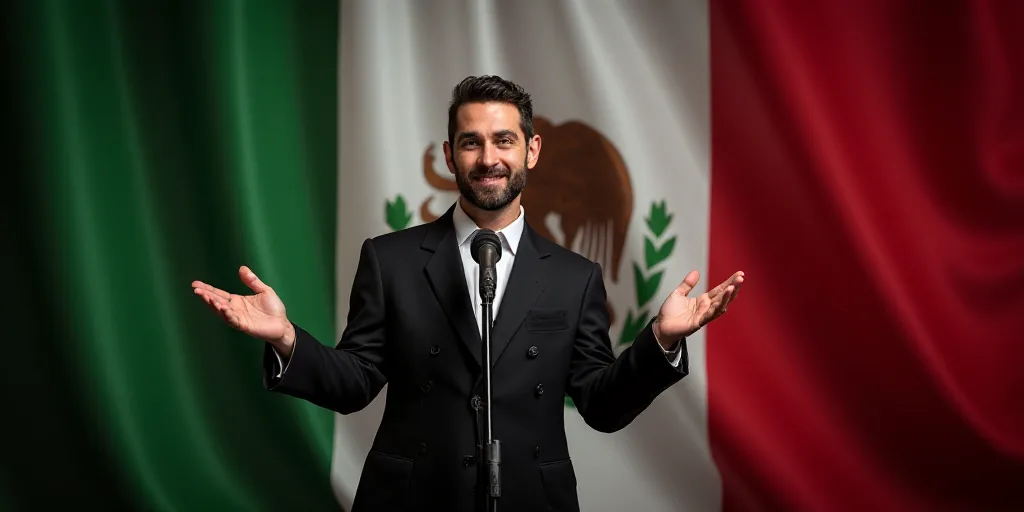 a man standing in front of a microphone with his hands open in front of him and a flag behind him, D