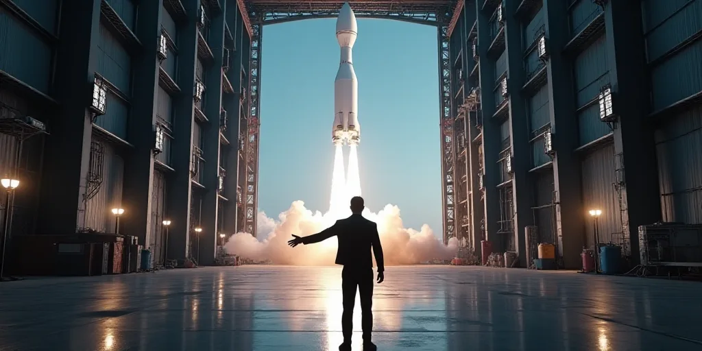 a man standing in front of a spacex rocket in a hangar with a hand out to the side, Andries Stock, u