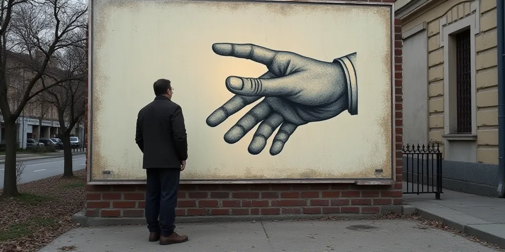 a man standing in front of a sign with a hand on it's side and a building in the background, david r