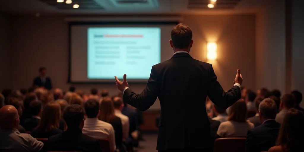 a man standing in front of a screen giving a speech at a conference or conference hall with his hand