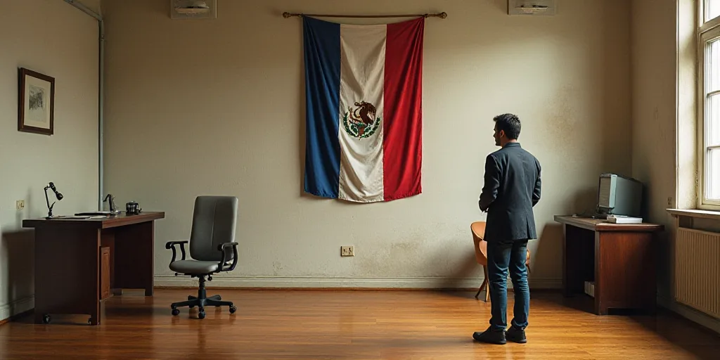 a man standing in front of a sign in a room with a flag hanging on the wall and a red and white flag