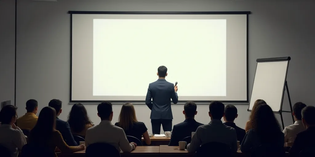 a man standing in front of a white board giving a speech to people in front of it with a microphone,