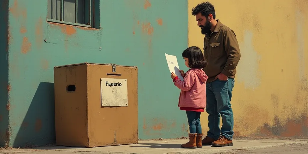 a man standing next to a little girl holding a piece of paper in front of a box with a sign on it, F
