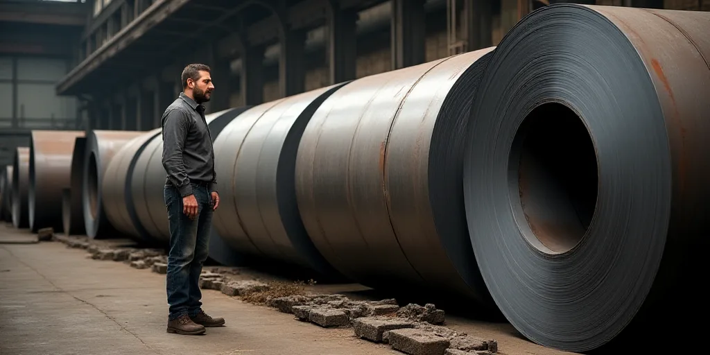 a man standing next to a pile of steel rolls in a factory with a worker standing next to them, Andri