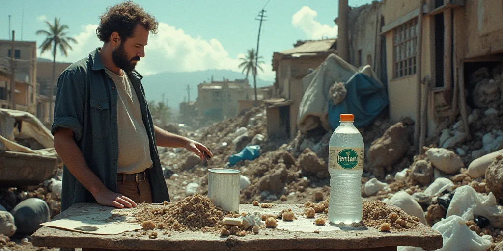 a man standing next to a pile of trash and a bottle of fettani water on a table, Frances Jetter, dmt