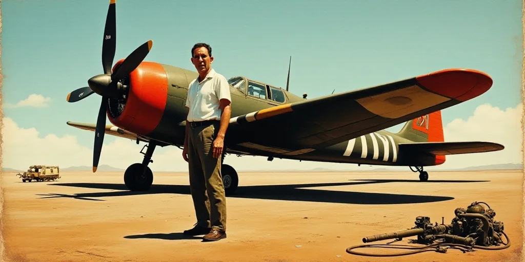 a man standing next to a plane with a propeller on it's side and a machine on the ground, Amédée O