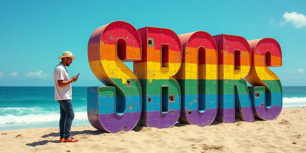 a man standing next to a rainbow colored sign on a beach with a cell phone in his hand and a camera