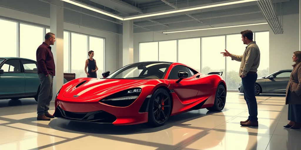 a man standing next to a red car in a showroom with a woman looking at it and pointing, Cornelisz He